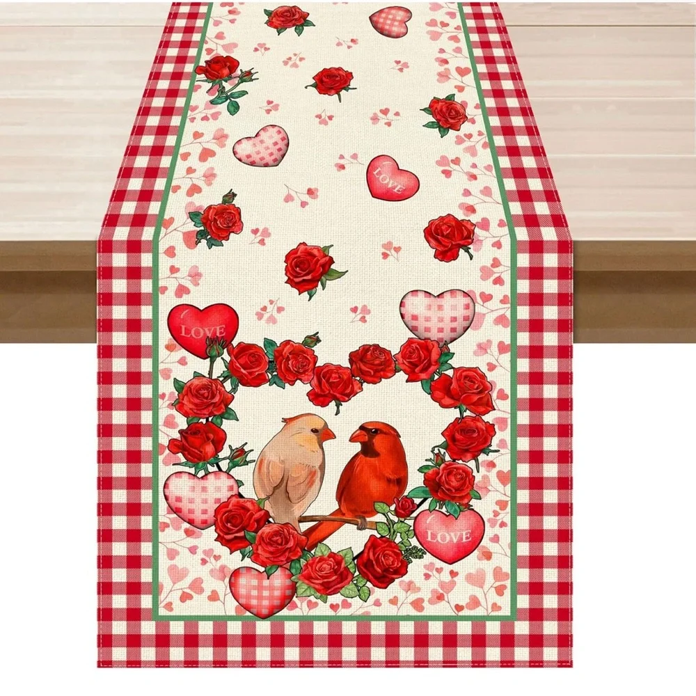 Valentine Bird & Rose Table Runner - Red Hearts 13x72